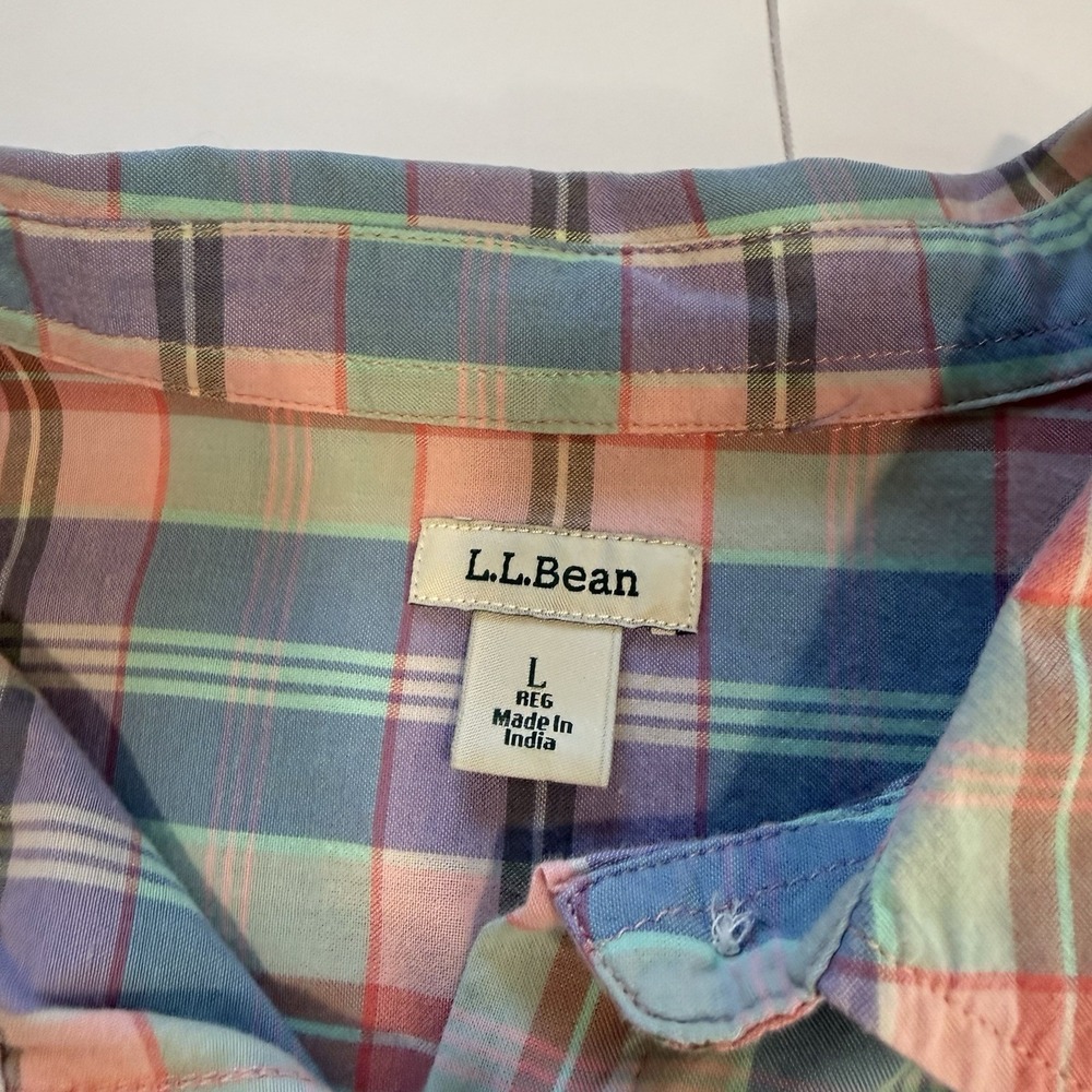LL Bean Womens Colorful Plaid Madras Button Up Shirt Size LARGE - Picture 10 of 11